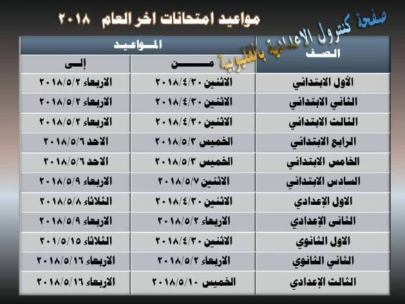 جدول امتحانات الصف الثاني الابتدائي الترم الثاني 2019